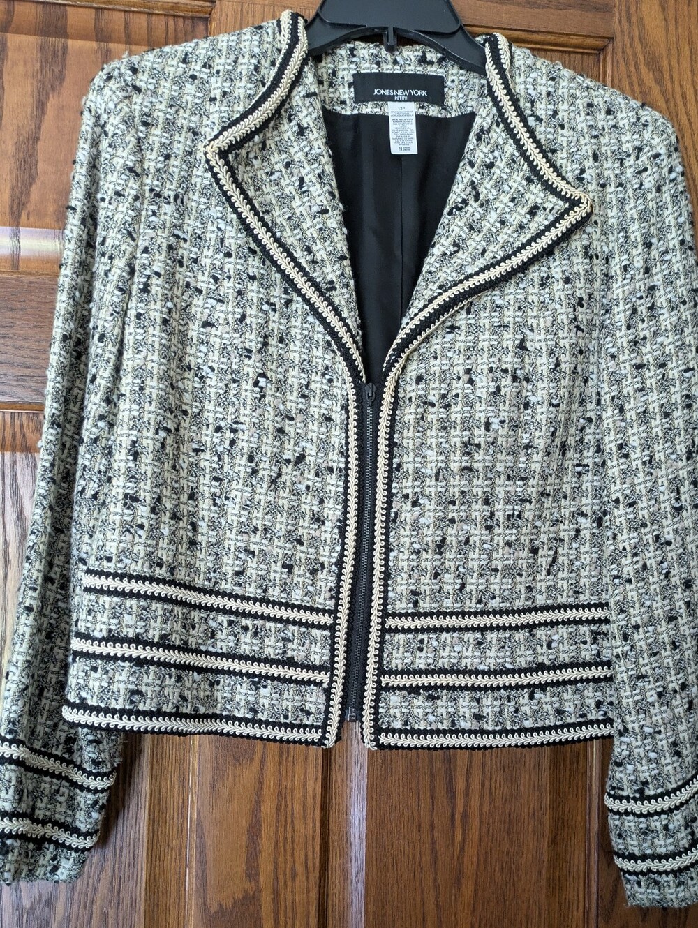 Jones New York Black & Cream Tweed Zip Front Cropped Jacket - Size 12P